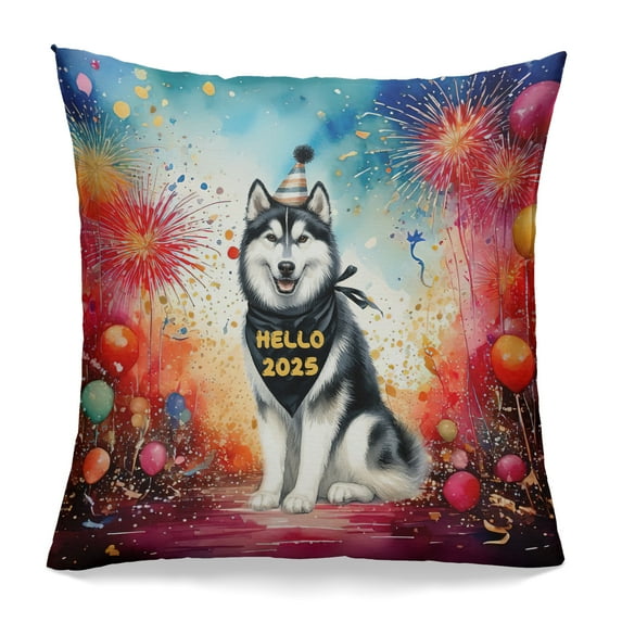 Hello 2025 Siberian Husky Celebrates Happy New Year Firework Balloon Pillowcase Double Sided Husky Dog Lover Gifts Pillow Case Covers - 02024
