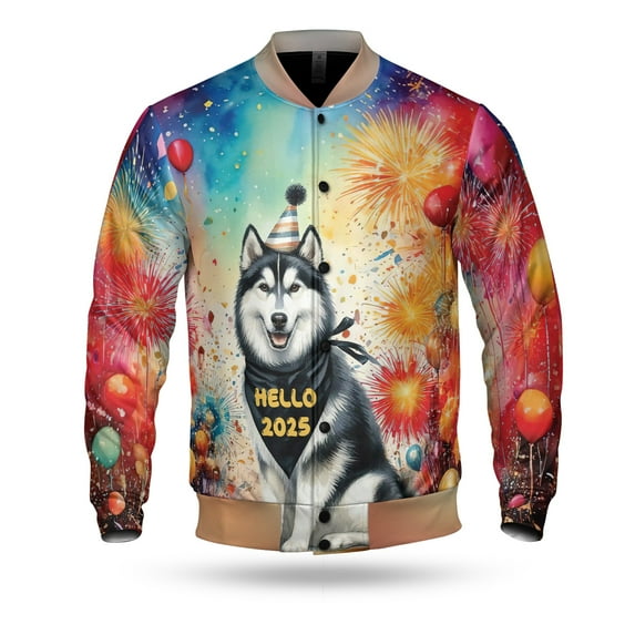 Hello 2025 Siberian Husky Celebrates Happy New Year Firework Balloon All Over Print 3D Baseball Jacket Husky Dog Lover Gifts Bomber Jacket Softball - 02024