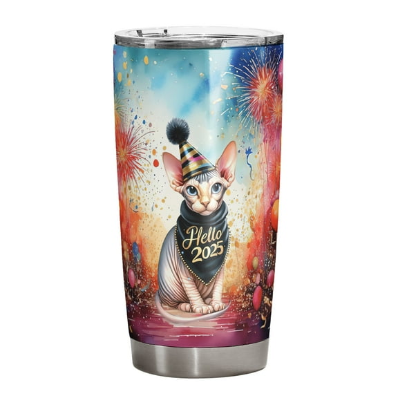 Hello 2025 Sphynx Celebrates Happy New Year Firework Balloon 20oz Stainless Steel Tumbler Insulated Cup with Lid Cat Lover Kitten Owner Gifts Idea - 02024