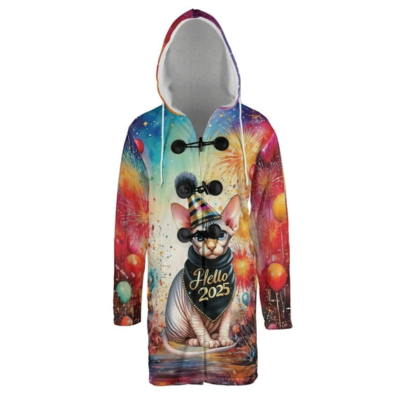 Hello 2025 Sphynx Celebrates Happy New Year Firework Balloon All Over Print 3D Hooded Duffle Toggle Coat Cat Lover Kitten Owner Gifts Idea - 02024