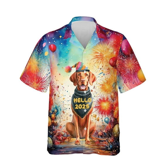 Hello 2025 Vizsla Celebrates Happy New Year Firework Balloon Hawaiian Shirt Breathable Summer Unisex Merch Vizslas Dog Lover Gifts Idea - 02024