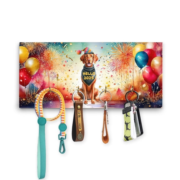Hello 2025 Vizsla Celebrates Happy New Year Firework Balloon Wood Key Holder Vizslas Dog Lover Gifts Idea Wall-mounted Key Rack Home Decor - 02024