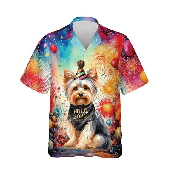 Hello 2025 Yorkshire Terrier Celebrates Happy New Year Firework Balloon Hawaiian Shirt Breathable Summer Unisex Merch Yorkie Dog Lover Gifts - 02024