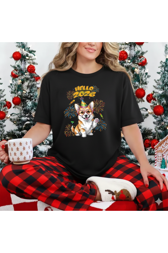 Hello 2026 Corgi Dog Cute New Year Pet Lover Festive Art Unisex T-Shirt, up to size 5XL