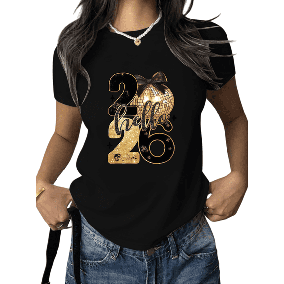 Hello 2026 Disco Ball Theme Graphic Tee T Shirt Glitter Pattern Tops Soft Breathable Short Sleeve Round Neck Black S-5XL