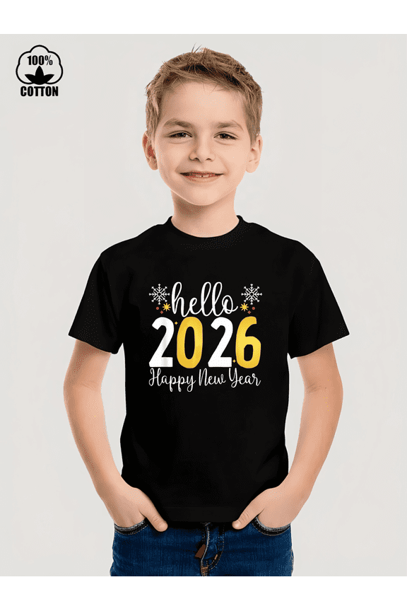 Hello 2026 Happy New Year Graphic Iron-On Print Tees, Suitable For Boys and Girls,Size 3T-13Y