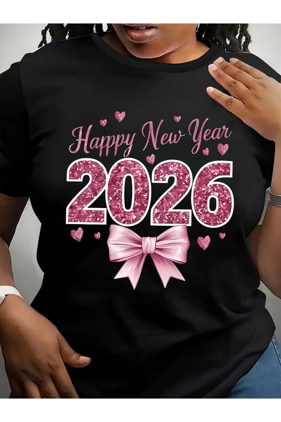 Hello 2026 Women's Christmas T-Shirt - Festive Santa Design, Black Crewneck Top for Holiday Parties & New Year Celebrations