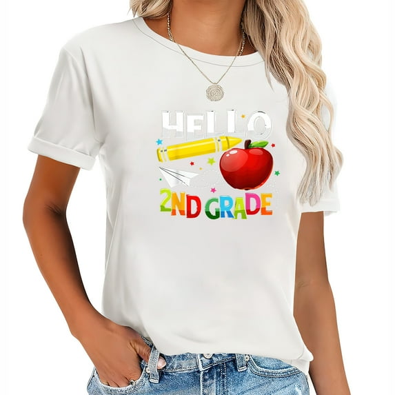 Hello 2nd grade teacher team Second grade squad gi Women's Short Sleeve Graphic Print T-Shirt, Classic Casual Top