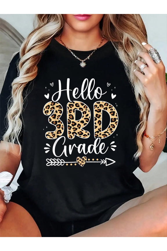 Hello 3rd Grade Leopard Teacher Student Back to School Girls T-Shirt