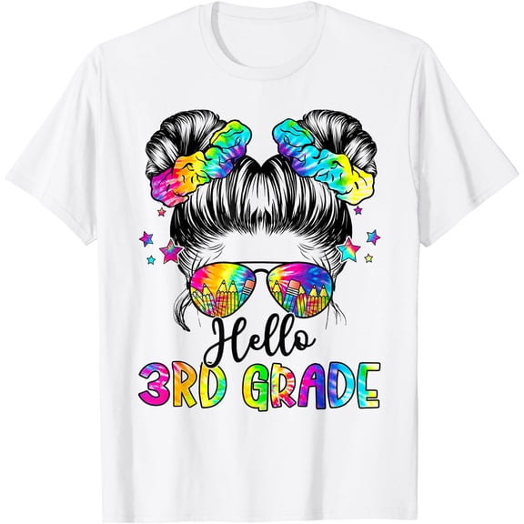 Hello 3rd Grade Messy Hair Bun Girl Back To School First Day T-Shirt White Small