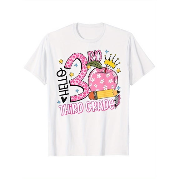 Hello 3rd Third Grade Back To School Pink Leopard Teacher T-Shirt for Boy Girl, Soft Fabric, Breathable Fashion Girls Boys Short Sleeve Tees