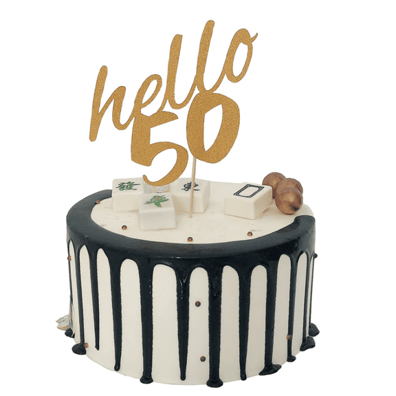 Hello 50 Cake Topper, Gold Glitter, 50th Birthday Party Decoration