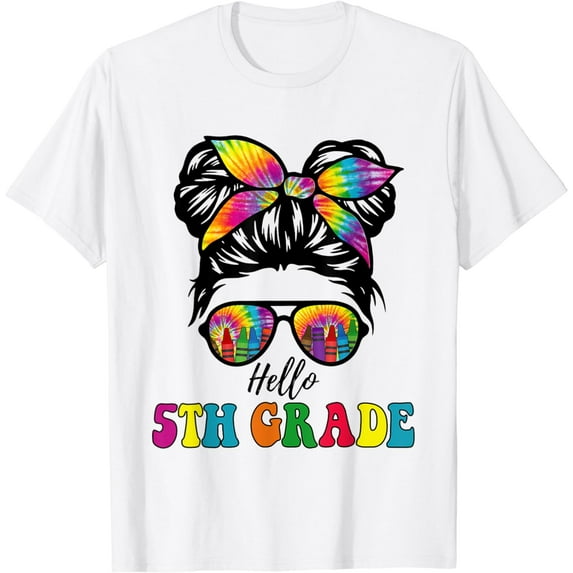 Hello 5th Grade Tie Dye Messy Bun Girl Back to School Kid T-Shirt