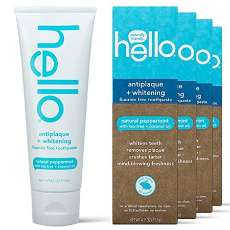 Hello Oral Care Fluoride Free Antiplaque & Whitening Toothpaste, Vegan & SLS Free, Natural Peppermint with Tea Tree Oil & Coconut Oil, 4 Count
