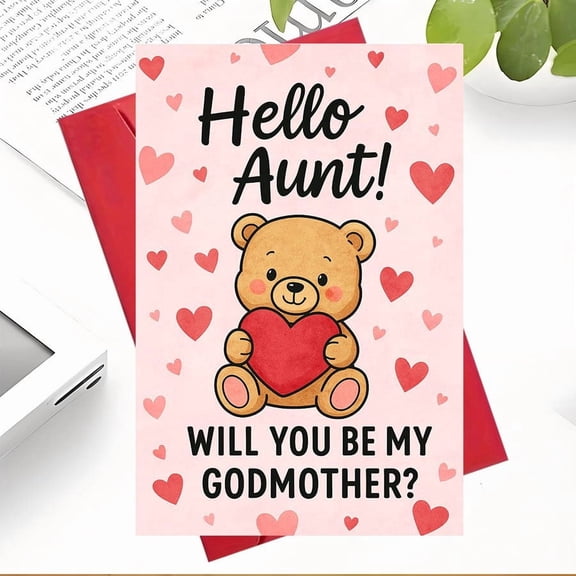 Hello Aunt! Will You Be My Godmother? Cute Bear Heartfelt Card with Envelope Perfect for Aunt and Godmother Proposal