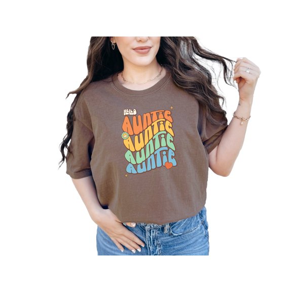 Hello Auntie with Cute Flower & Heart, Aunt Themed, Groovy Retro Wavy Text, Espresso Comfort Colors T-Shirt, 3XL