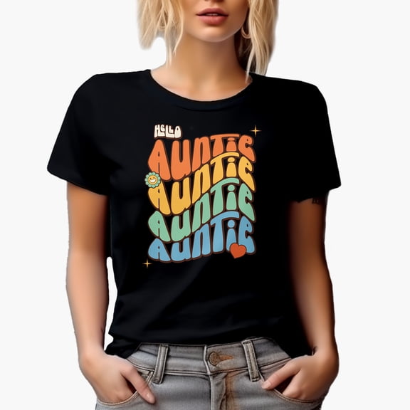 Hello Auntie with Cute Flower & Heart, Aunt Themed, Groovy Retro Wavy Text Merch Gift, Black T-Shirt, 3XL