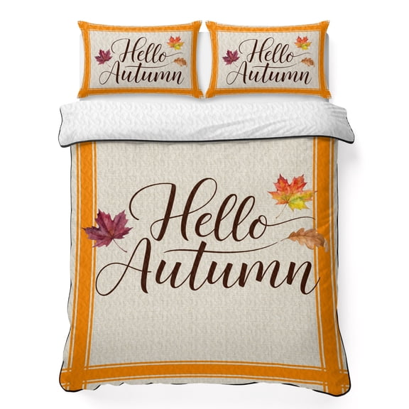 Hello Autumn 3 Piece Quilt Bedding Set with 2 Pillow Shams, Thanksgiving Country Vintage Maple Leaf Orange Stripe Lightweight Bedspread Coverlet, Soft Breathable All Season Quilt, 79 x 90 Inch