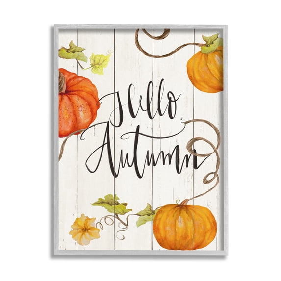 Hello Autumn Calligraphy Sign Rustic Pumpkin Vines Inspirational Graphic Art Framed Art Print Wall Art