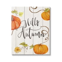 Hello Autumn Calligraphy Sign Rustic Pumpkin Vines Inspirational Graphic Art Gallery-Wrapped Canvas Print Wall Art