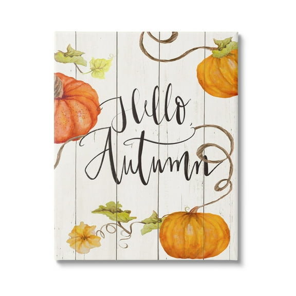 Hello Autumn Calligraphy Sign Rustic Pumpkin Vines Inspirational Graphic Art Gallery-Wrapped Canvas Print Wall Art