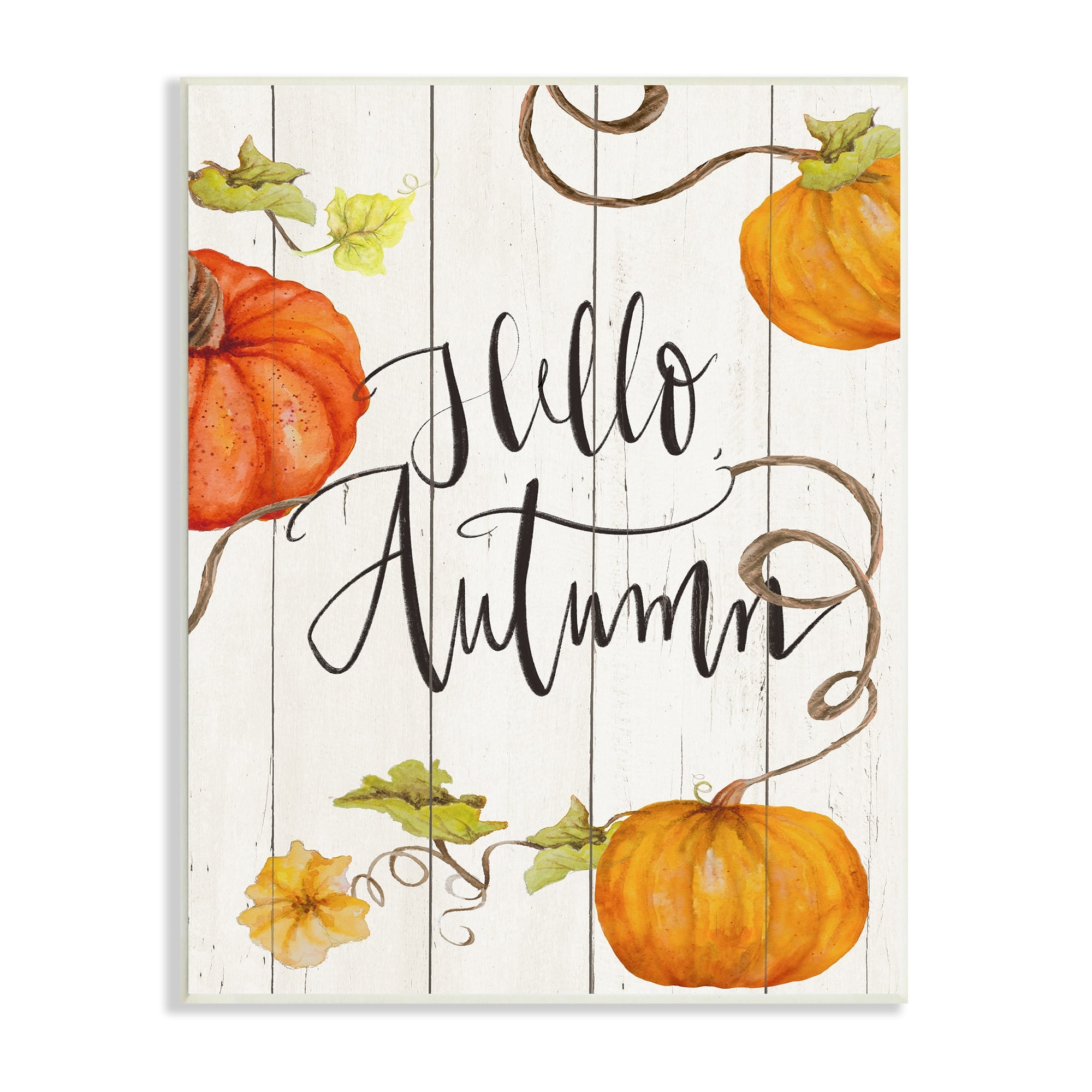 Hello Autumn Calligraphy Sign Rustic Pumpkin Vines Inspirational Graphic Art Unframed Art Print Wall Art