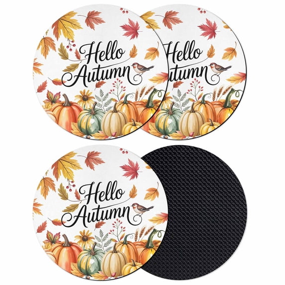Hello Autumn Coasters Set of 4, Absorbent Coasters for Drinks, Orange Thanksgiving Fall Pumpkins Maple Leaf Coaster for Desk Coffee Table Protection, Home Decor House Warming Gifts 4"