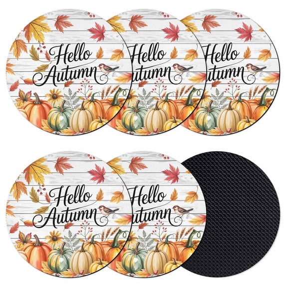 Hello Autumn Coasters Set of 6, Absorbent Coasters for Drinks, Thanksgiving Fall Pumpkins Maple Leaf Coaster for Desk Coffee Table Protection, Home Decor House Warming Gifts 4"