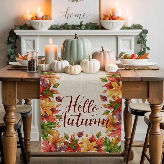 Hello Autumn Cotton Linen Table Runner, Washable Table Runners for Kitchen, Dining Room, Holiday, Home Party Table Decor, 13x36 Inches