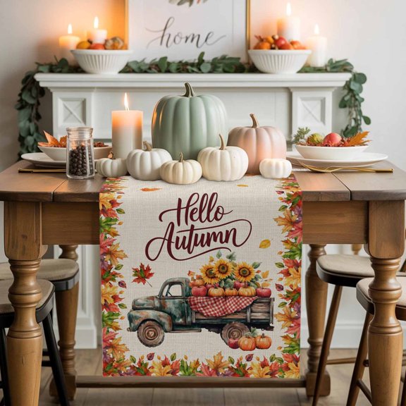 Hello Autumn Cotton Linen Table Runner, Washable Table Runners for Kitchen, Dining Room, Holiday, Home Party Table Decor, 13x36 Inches