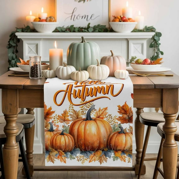 Hello Autumn Cotton Linen Table Runner, Washable Table Runners for Kitchen, Dining Room, Holiday, Home Party Table Decor, 13x36 Inches