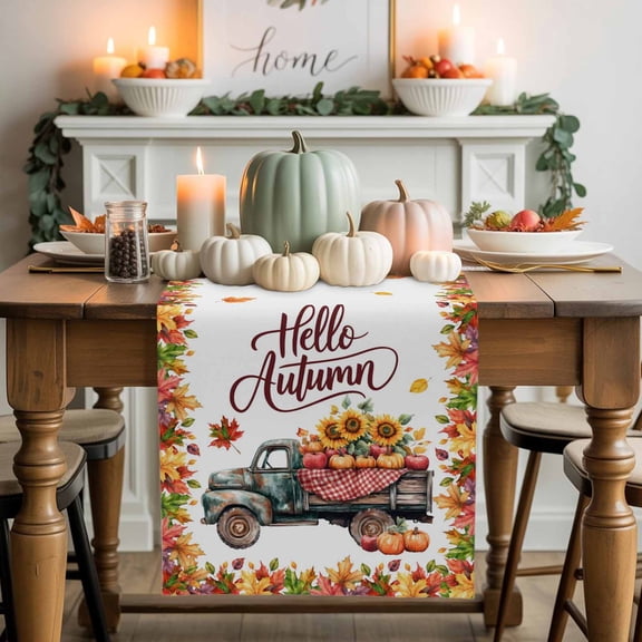 Hello Autumn Cotton Linen Table Runner, Washable Table Runners for Kitchen, Dining Room, Holiday, Home Party Table Decor, 13x36 Inches