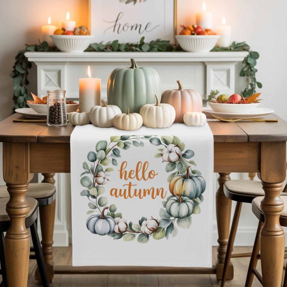 Hello Autumn Cotton Linen Table Runner, Washable Table Runners for Kitchen, Dining Room, Holiday, Home Party Table Decor, 13x36 Inches