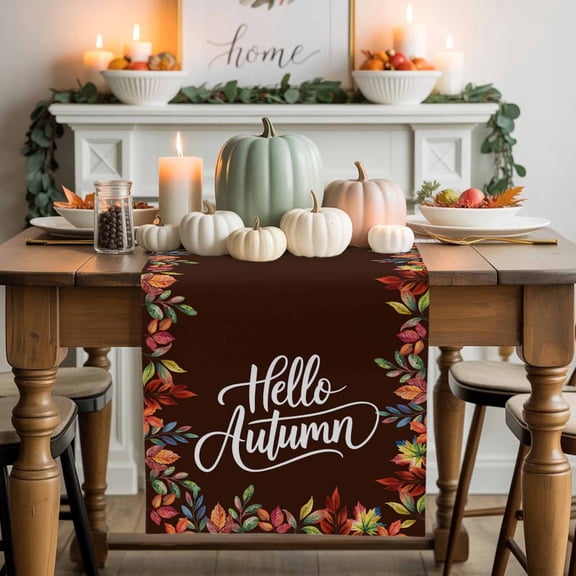 Hello Autumn Cotton Linen Table Runner, Washable Table Runners for Kitchen, Dining Room, Holiday, Home Party Table Decor, 13x36 Inches