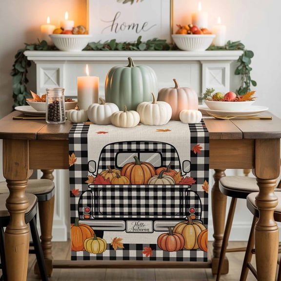 Hello Autumn Cotton Linen Table Runner, Washable Table Runners for Kitchen, Dining Room, Holiday, Home Party Table Decor, 13x48 Inches