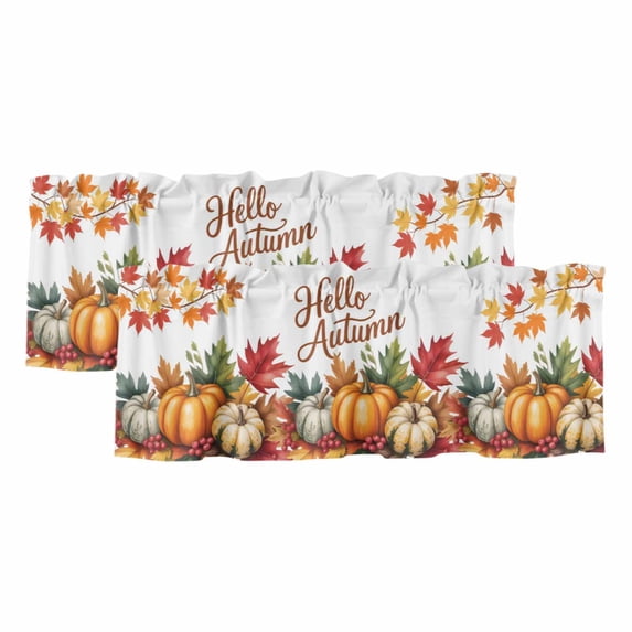 Hello Autumn Curtain Valances for Windows, Kitchen Valance Window Treatments Panel 2 Pack, Vintage Pumpkins Thanksgiving Botanical Rod Pocket Short Curtains for Bathroom Bedroom 42 x 18 Inch