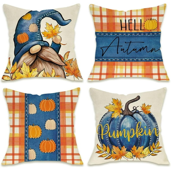 Hello Autumn Decorative Throw Pillow Covers 18 x 18 Set of 4, Fall Pumpkin Gnome Porch Patio Outdoor Pillowcase, Orange Plaid Maple Leaves Farmhouse Rustic Cushion Case Home Decor