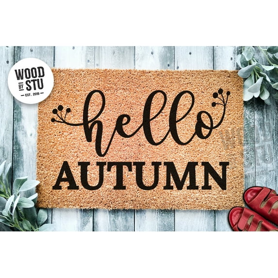 Hello Autumn Door Mat | Plant Sprigs Berries Fall Doormat | Welcome Mat | Fall Decor Door Mat | Fall Autumn Decor Gift | Home Doormat