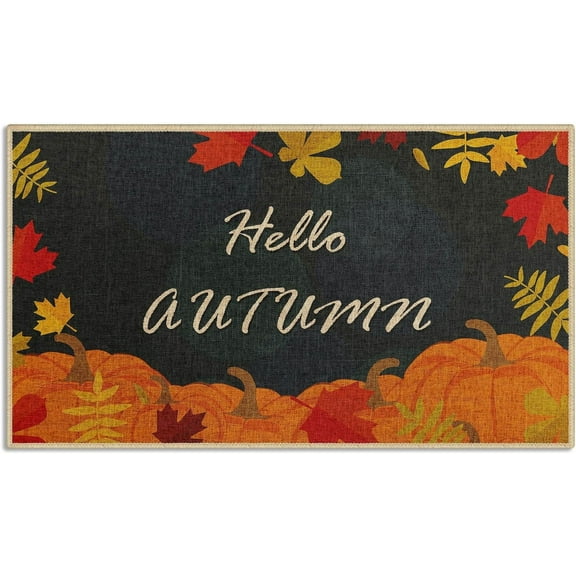 Hello Autumn Door Mat, Pumpkins Welcome Mat, Leaf Blue Orange Doormats Front Door Mat Outdoor Indoor Entrance Rug Floor Mat Non Slip Absorbent Resist Dirt Carpet for Entryway 17x30Inch