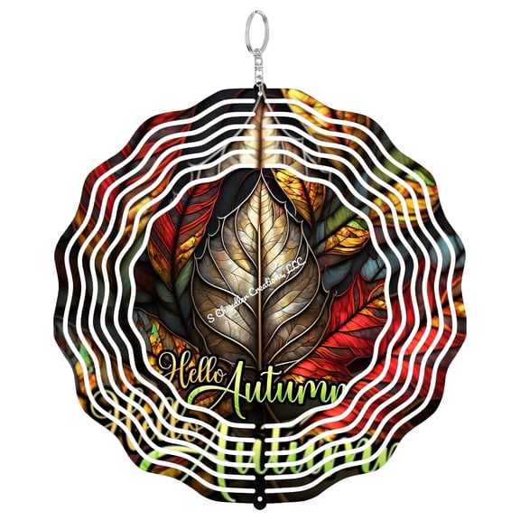 Hello Autumn Fall Leaf Faux Stained Glass 3D Wind Spinner, Foliage Kinetic Sculpture, Seasonal Yard Decor