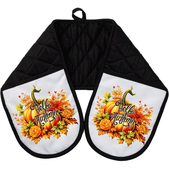 Hello Autumn! Fall Pumpkins Cotton 33 Inch Pocket Long Oven Mitts Bake Cook Grill dz142LM