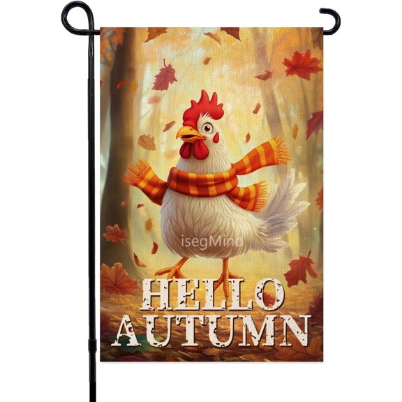 Hello Autumn Flag Rooster Garden Flag 12x18 Inch Double Sided Polyester Flag for Thanksgiving Holiday Yard Outdoor House Decoration (23010)