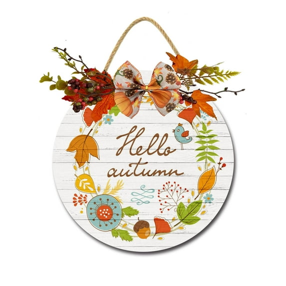 Hello Autumn Front Door Sign Funny Wreaths Hanging Wooden Plaque Decoration Round Rustic Wood Farmhouse Porch Decor for Home Front Door Decor, 11 x 11 Inch