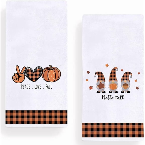 Hello Autumn Gnome Pumpkin Kitchen Towels and Dish Towels, 18 x 26 Inch Fall Harvest Thanksgiving Tea Towels for Cooking Baking Set of 2