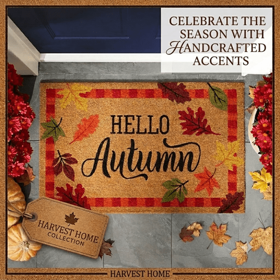 Hello Autumn Harvest Coir Doormat, Natural Coconut Fiber Welcome Mat with Non-Slip Backing, Outdoor Entry Rug, 36" x 23"