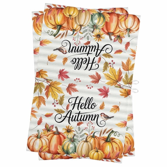 Hello Autumn Kitchen Towels Set of 2, Water Absorbent Dish Towel, Thanksgiving Fall Pumpkins Maple Leaf Striped Decorative Hand Towels - Quick Drying Cloth for Cooking Baking, 18x28 Inch
