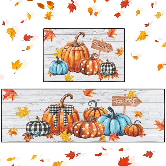 Hello Autumn Leaves Kitchen Rugs and Mats Non Skid Washable Set of 2, Pumpkin Inspirational Fall Maple Runner Rug, Kitchen Floor Mat Under Sink Mat Throw Rug for Doormat