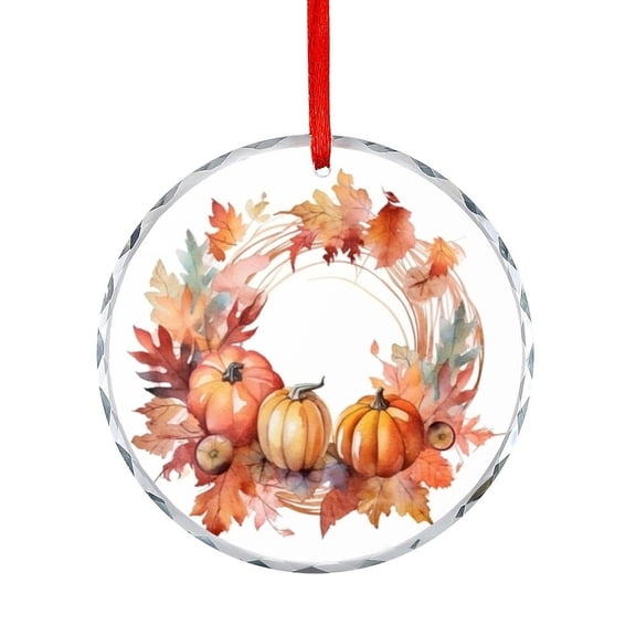 Hello Autumn Maple Leaf Wreath Crystal Glass Ornament Xmas Tree Decor for Kids Mom Dad Friends Loves Fall Autumn Thanksgiving Harvest Christmas Ornament Round Glass