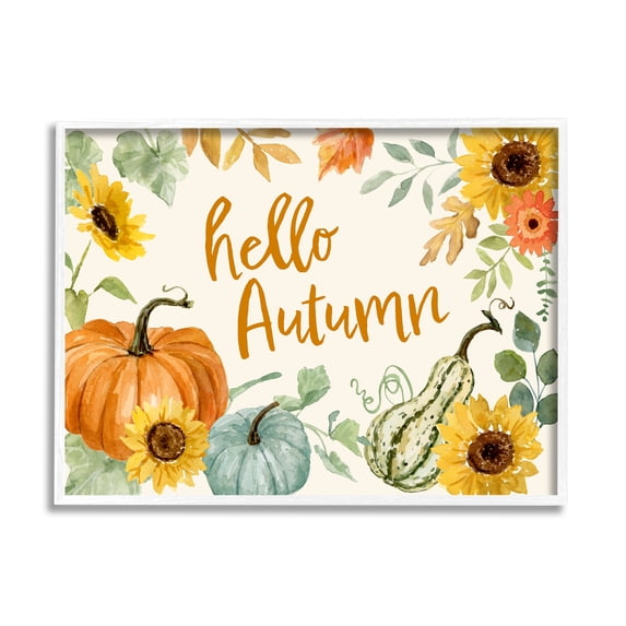 Hello Autumn Orange Calligraphy Fall Plants Border Botanical & Floral Graphic Art Framed Art Print Wall Art