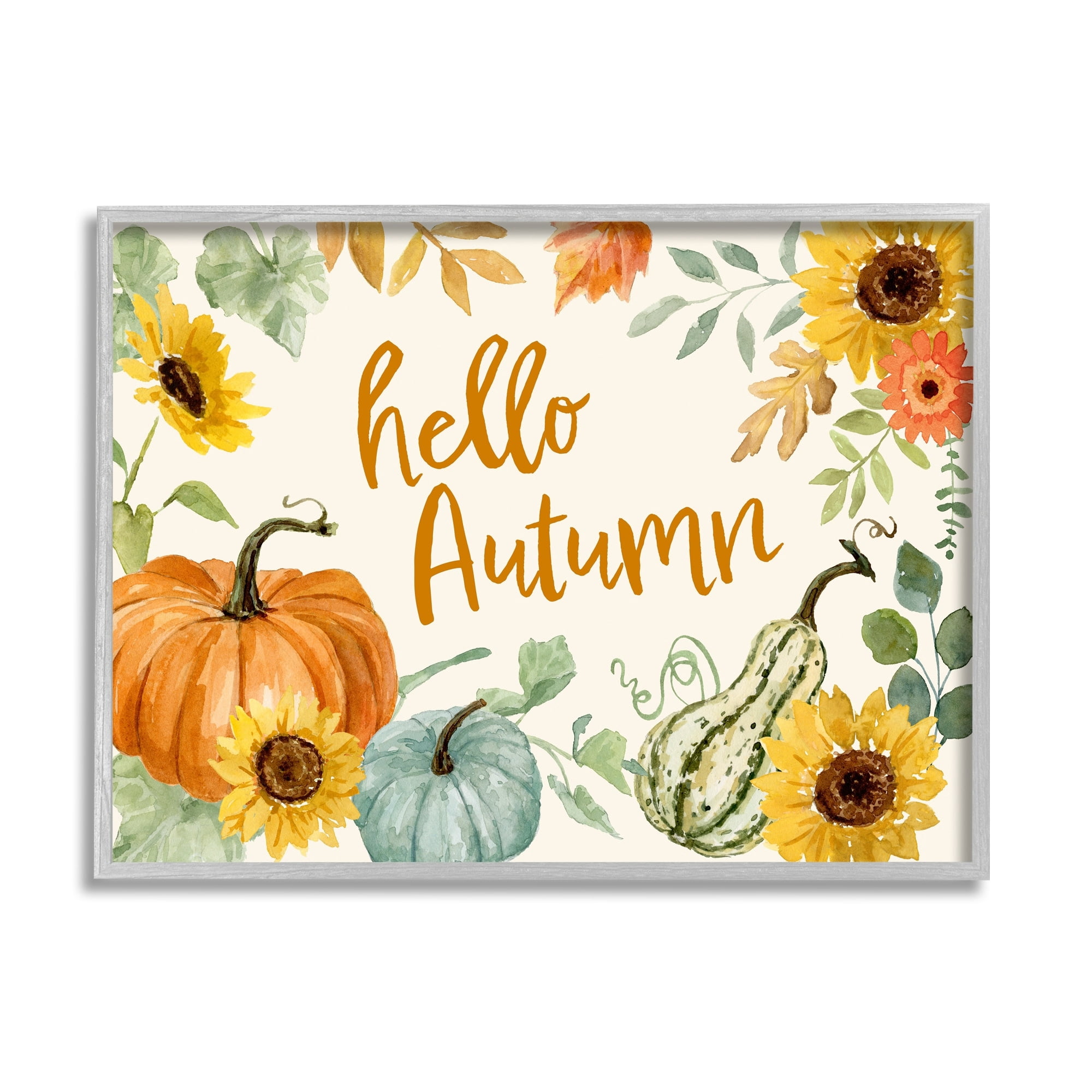 Hello Autumn Orange Calligraphy Fall Plants Border Botanical & Floral Graphic Art Framed Art Print Wall Art
